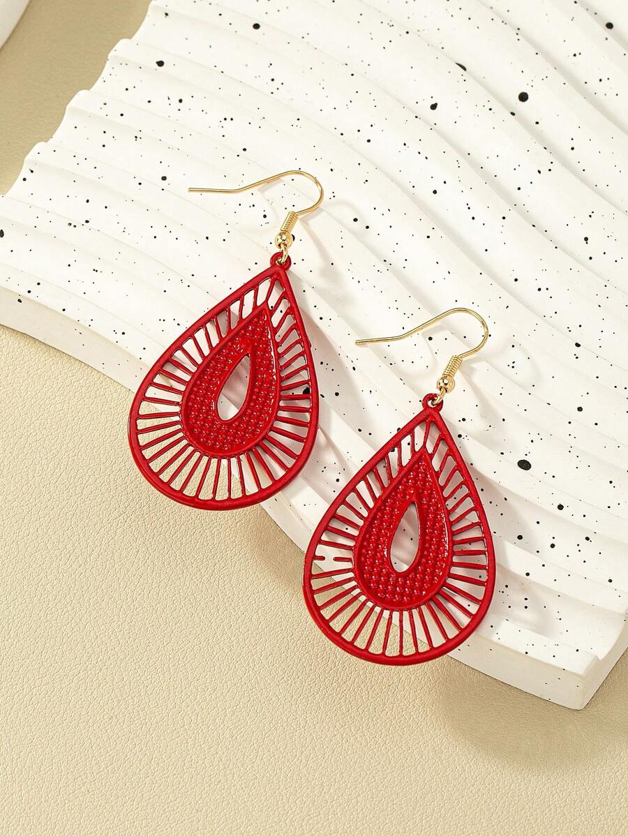 1 Đôi Thời Trang Hợp Kim Kẽm Khoét Hở Bông Tai Giọt Nước Cho Nữ Trang Trí Hàng Ngày - Đỏ - Xem 1