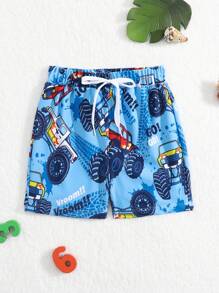 Baby Boy Car Print Drawstring Waist Swim Shorts - Blue - View 1