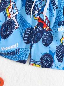 Baby Boy Car Print Drawstring Waist Swim Shorts - Blue - View 3