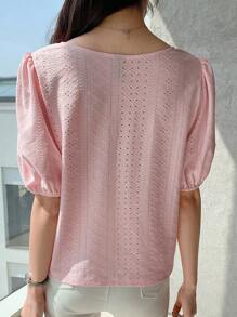 DAZY Eyelet Embroidery Puff Sleeve Tee - Baby Pink - View 2