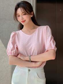 DAZY Eyelet Embroidery Puff Sleeve Tee - Baby Pink - View 5