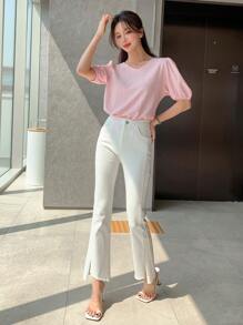 DAZY Eyelet Embroidery Puff Sleeve Tee - Baby Pink - View 7