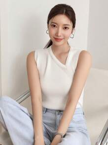 Dazy-Less 女式不对称领无袖针织上衣，商务休闲风格 Old Money Old Money Style - 白色 - 查看 9