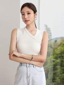 Dazy-Less 女式不对称领无袖针织上衣，商务休闲风格 Old Money Old Money Style - 白色 - 查看 3