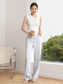 Dazy-Less 女式不对称领无袖针织上衣，商务休闲风格 Old Money Old Money Style - 白色 - 查看 7