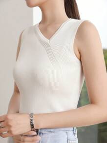 Dazy-Less 女式不对称领无袖针织上衣，商务休闲风格 Old Money Old Money Style - 白色 - 查看 5