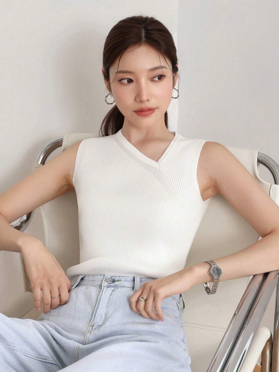 Women's Asymmetric Collar Sleeveless Knitted Top, Business Casual Style Old Money Old Money Style
