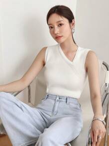 Dazy-Less 女式不对称领无袖针织上衣，商务休闲风格 Old Money Old Money Style - 白色 - 查看 8