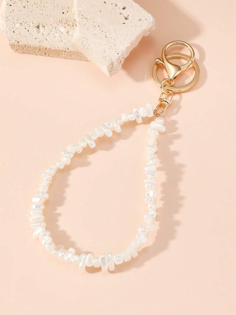 1pc Women's Asymmetrical Faux Pearl Beaded Key Chain, Fashion Phone Strap Bag Charm Car Accessories School Pearl Cute Goth Y2k - White - View 1