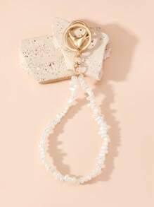 1pc Women's Asymmetrical Faux Pearl Beaded Key Chain, Fashion Phone Strap Bag Charm Car Accessories School Pearl Cute Goth Y2k - White - View 2