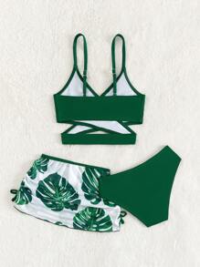 SHEIN Ensemble de bikini croisé à imprimé tropical avec jupe de plage pour jeune fille, été plage