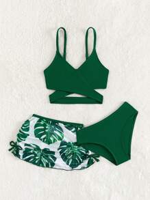 SHEIN Ensemble de bikini croisé à imprimé tropical avec jupe de plage pour jeune fille, été plage