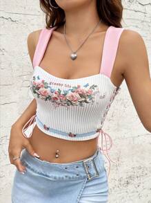 SHEIN MOD Top con estampado floral con cordón lateral crop ancho tirantes - Blanco - Ver 1