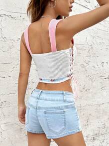 SHEIN MOD Top con estampado floral con cordón lateral crop ancho tirantes - Blanco - Ver 2