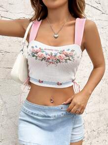 SHEIN MOD Top con estampado floral con cordón lateral crop ancho tirantes - Blanco - Ver 3