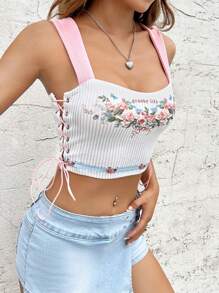 SHEIN MOD Top con estampado floral con cordón lateral crop ancho tirantes - Blanco - Ver 4