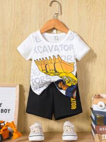SHEIN 男嬰挖掘機和字母圖案T恤和短褲 - 黑與白 - 查看 1