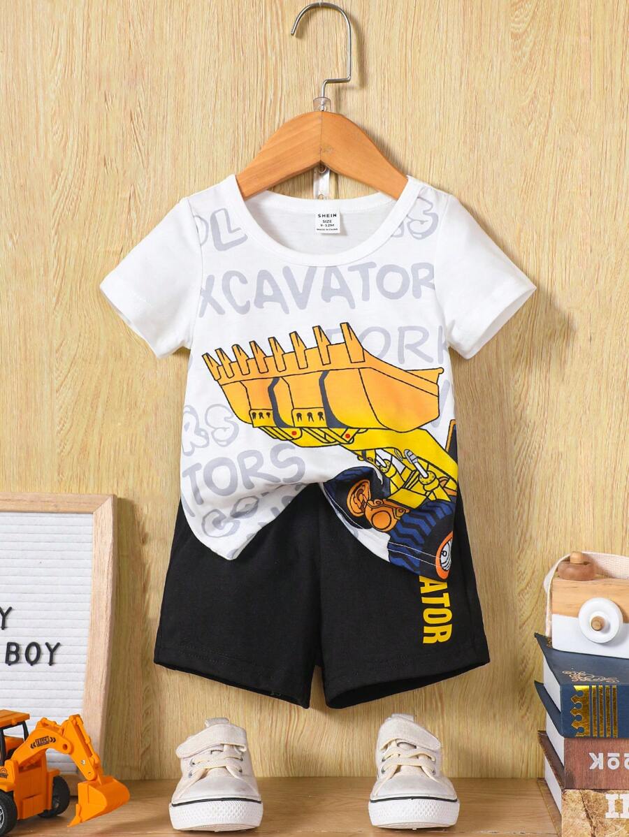 SHEIN 男嬰挖掘機和字母圖案T恤和短褲 - 黑與白 - 查看 1