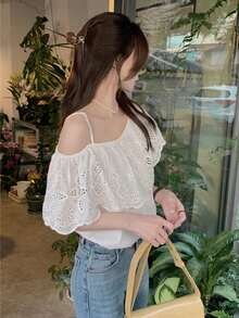 Solid Ruffle Trim Eyelet Embroidery Blouse - White - View 4
