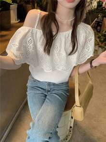 Solid Ruffle Trim Eyelet Embroidery Blouse - White - View 5