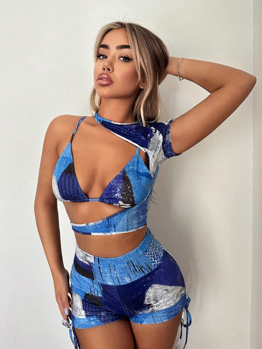 SHEIN ICON 牛仔效果印花镂空不对称领口短款上衣 - 彩色 - 查看 1