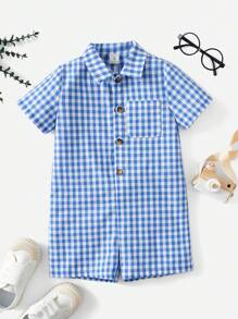 SHEIN 小男童格子圖案襯衫連體短褲