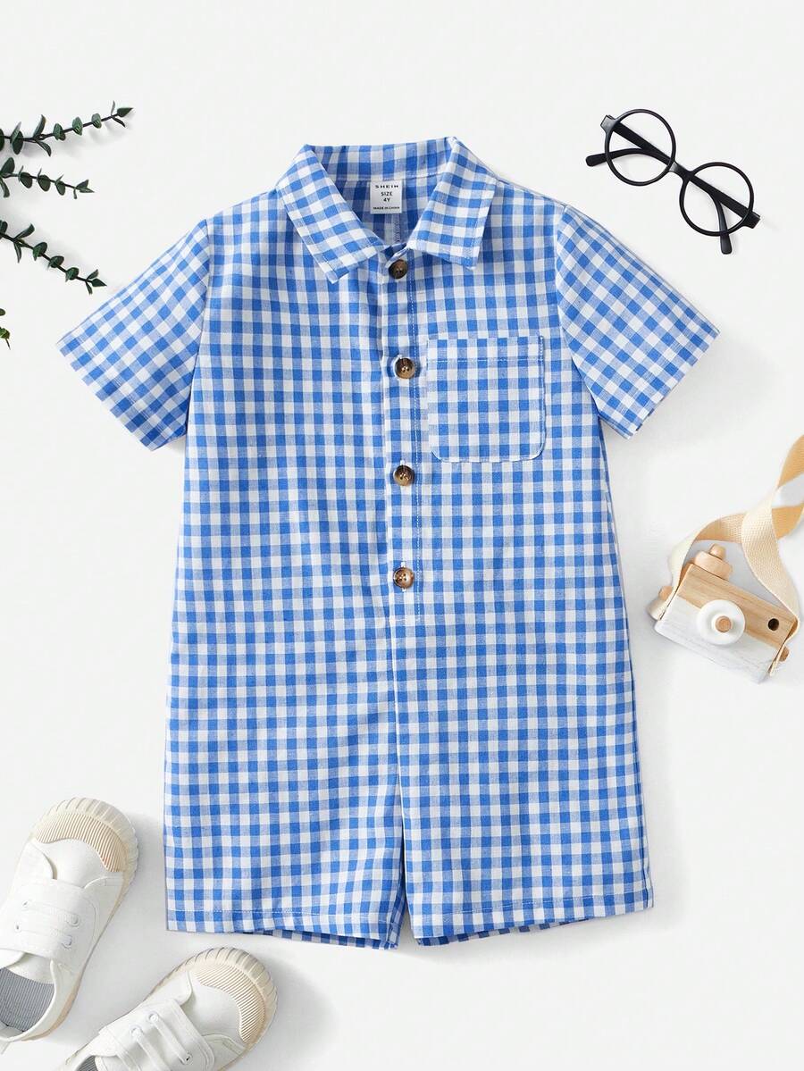 SHEIN 小男童格子圖案襯衫連體短褲