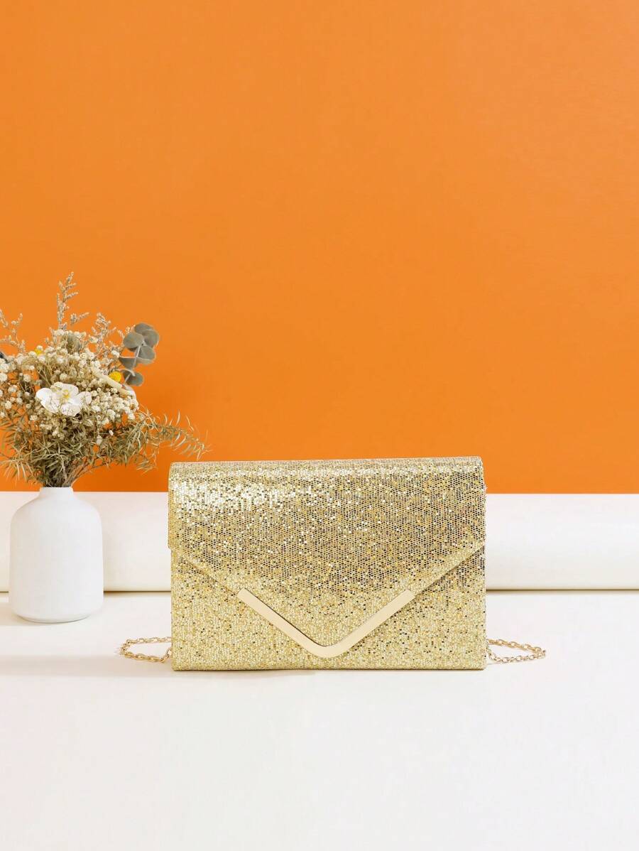 Bolso de sobre pequeño con correa de cadena de decoración de metal brillante, monedero de novia perfecto para eventos de bodas, bailes y fiestas - Dorado - Ver 1