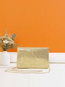 Bolso de sobre pequeño con correa de cadena de decoración de metal brillante, monedero de novia perfecto para eventos de bodas, bailes y fiestas - Dorado - Ver 2