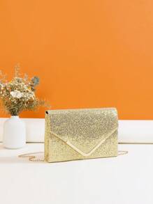 Bolso de sobre pequeño con correa de cadena de decoración de metal brillante, monedero de novia perfecto para eventos de bodas, bailes y fiestas - Dorado - Ver 3