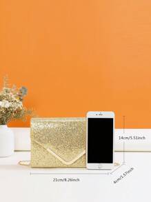 Bolso de sobre pequeño con correa de cadena de decoración de metal brillante, monedero de novia perfecto para eventos de bodas, bailes y fiestas - Dorado - Ver 5