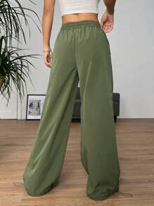 SHEIN EZwear Quần nữ Dây kéo Xù màu trơn Giải trí - xanh quân đội - Xem 3