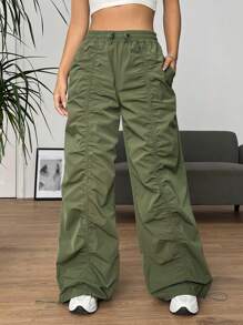 SHEIN EZwear Quần nữ Dây kéo Xù màu trơn Giải trí - xanh quân đội - Xem 2
