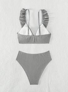 SHEIN Swim Summer Beach Striped Ruffle Trim Bikini Set - Black and White - View 5