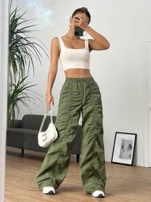 SHEIN EZwear Quần nữ Dây kéo Xù màu trơn Giải trí - xanh quân đội - Xem 1