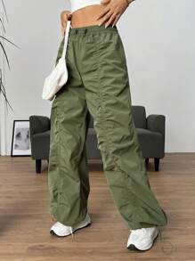 SHEIN EZwear Quần nữ Dây kéo Xù màu trơn Giải trí - xanh quân đội - Xem 7