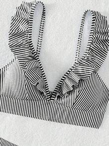 SHEIN Swim Summer Beach Striped Ruffle Trim Bikini Set - Black and White - View 6