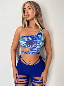 SHEIN ICON Letter Graphic One Shoulder Cut Out Crop Top - Multicolor - View 5