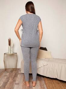 SHEIN Maternidad unicolor bajo con abertura Camiseta & de cintura ajustable Leggings Set - Gris - Ver 2