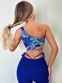 SHEIN ICON Letter Graphic One Shoulder Cut Out Crop Top - Multicolor - View 2