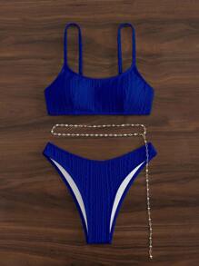 SHEIN Swim Summer Beach Plain Chain Belted Bikini Set - Royal Blue - View 3