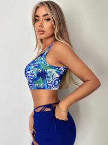 SHEIN ICON Letter Graphic One Shoulder Cut Out Crop Top - Multicolor - View 4