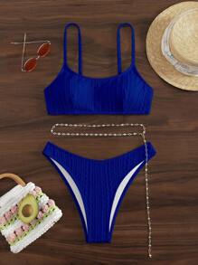 SHEIN Swim Summer Beach Plain Chain Belted Bikini Set - Royal Blue - View 5