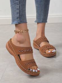 Elegant Brown Sandals For Women, Hollow Out Wedge Slide Sandals