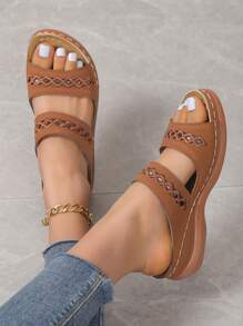 Elegant Brown Sandals For Women, Hollow Out Wedge Slide Sandals