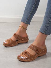 Elegant Brown Sandals For Women, Hollow Out Wedge Slide Sandals