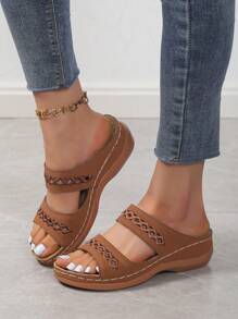 Elegant Brown Sandals For Women, Hollow Out Wedge Slide Sandals
