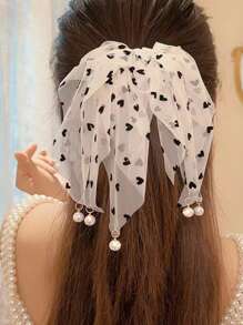 1入組女性愛心圖案人造珍珠裝飾飄帶髮圈適用於日常 - 黑與白 - 查看 2