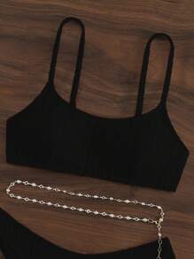 Swim Basics Bañador bikini liso con cadena con cinturón - Negro - Ver 3