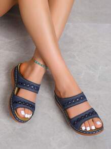 時尚涼鞋適用於女士鏤空坡跟涼鞋 - 藏蓝色 - 查看 4